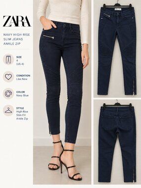 Zara Navy High Rise Slim Jeans Ankle Zip Size 4